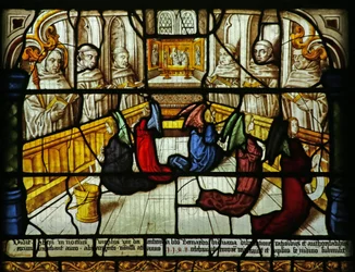 Der heilige Bernhard hat eine Vision von Engeln, die die singenden Mönche überwachen, um 1500